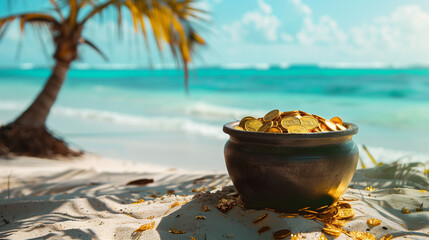 Wall Mural - Cauldron overflowing with golden coins on a sunny beach