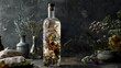 A glass bottle filled with beautiful preserved botanicals on a moody backdrop, showcasing a vintage aesthetic