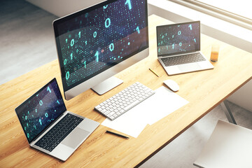 Aufkleber - Creative abstract binary code sketch on modern laptop monitor, hacking and matrix concept. 3D Rendering
