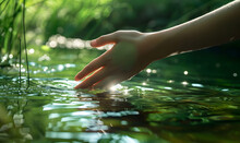 A Hand Touching The Surface Of Pure Green Water Of The River In Nature On A Sunny Day, Generative AI