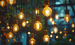 Hanging light bulbs on dark background, Generative AI