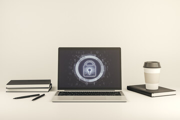 Aufkleber - Creative idea concept with lock symbol and microcircuit illustration on modern laptop screen. Protection and firewall concept. 3D Rendering