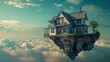 A house floating in the sky with fluffy clouds around it.