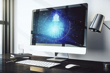 Poster - Creative idea concept with light bulb and microcircuit illustration on modern laptop screen. Neural networks and machine learning concept. 3D Rendering