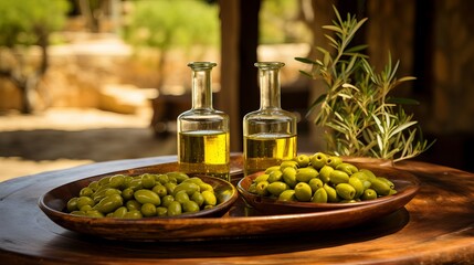 Wall Mural - The tasting of olive oil and freshly harvested olives is depicted.