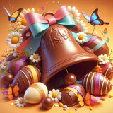 Fototapeta  - chocolate easter egg and bell with ribbon