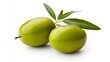 Two green olives with leaves are isolated on a white background in this depiction.