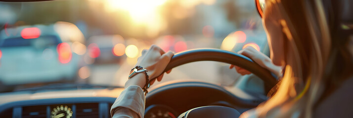 Confident woman driving car with hands on steering wheel in urban city street