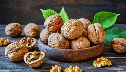 Wall Mural - walnuts on a Dark wooden background selective focus blurry background