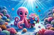 a pink octopus underwater, holding a bouquet of colorful flowers
