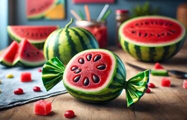 a piece of candy wrapped to resemble a watermelon