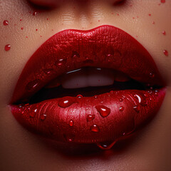 Wall Mural - Closeup portrait of beautiful female lips with red glossy lips makeup and water drops.