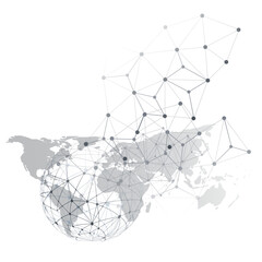 Poster - Black and White Global Networks Concept with World Map and Wire Frame - Digital Polygonal Network Connections, Science and Technology Background, Creative Design Template Isolated on White Background