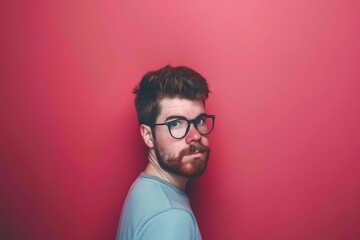 Man With Glasses Standing Against Red Wall. Generative AI