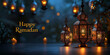 Arabische Laterne mit brennender Kerze und schönem Hintergrund beim Ramadan Islam Nahaufnahme, ai generativ