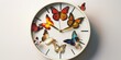 The time is shown on a straightforward clock face using a small color scheme and clear lines. Butterflies of various sizes and colors take the place of the clock's hands.