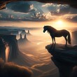 The inspiring natural illustration presents majestic horse and mountains in the natural environment with a sunset. 