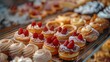 Showcase with delicious éclairs, tarts, meringue cakes  to any gourmet's taste