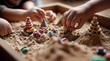 Children play with toys in the sandbox at home. Selective focus.