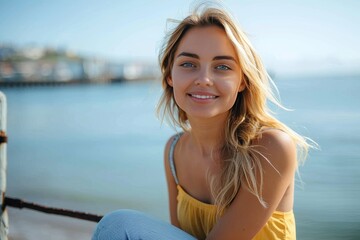 a serene young woman in casual attire smiling at the camera near a waterfront setting