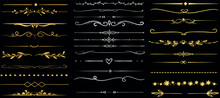 Golden Line Borders On A Black Background. Perfect Divider For Luxury Design Projects, Invitations, And Certificates. Enhance Aesthetics With These Intricate Border, Ornamental Detail
