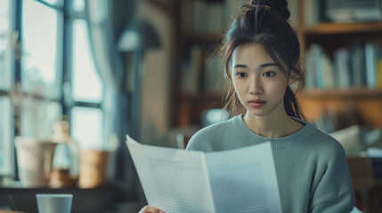Poster - Young Asian woman doing financial work. A person with glasses reading documents and holding a pen, sitting at a table near a window in a home office indoors. Generative Ai Illustration.