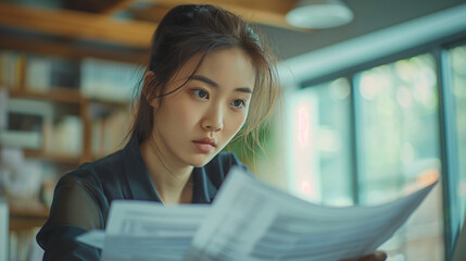 Poster - A woman is sitting at a table with a paper in front of her. She is looking at the paper with a serious expression on her face. Generative Ai Illustration.