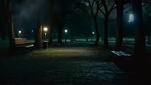 Video animation of  serene yet eerie night scene in a park. The ground is covered with grass, and bare trees surround the area. 