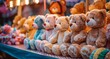 Rows of colorful teddy bears await as prizes at a festive carnival game booth.
