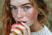 Close Up Of Young Woman Eating Red Apple Fruit