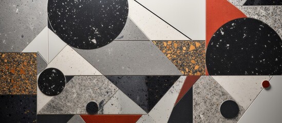 Poster - This close-up shot showcases a wall featuring a variety of geometric shapes, including terrazzo and granite textures. Each shape is distinct and adds visual interest to the overall design of the wall.