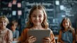© Attasit - Happy smiling school girl 7-8 years old Standing in front of the classroom reading her research on a tablet