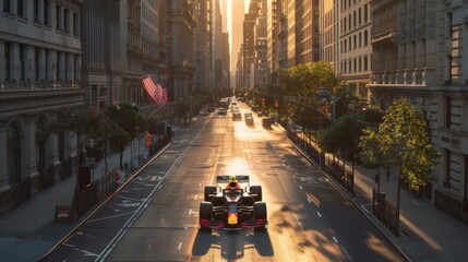 Wall Mural - A ultra realistic photo of a 2023 formula1 car driving down 5th avenue new york. realistic scaling. drone photography. sunny, generated with AI