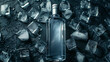 Moody image of a liquor bottle chilling amongst scattered ice cubes and droplets of water