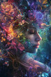 introvert highly sensitive person, abstract colorful fantasy illustration of a girl who needs peace, surrounded by chaos