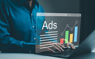Wall Mural - ad on website and social media, banner ads on internet, digital marketing concept. marketer analyzin