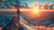  illustration of two friends climbing a mountain e peak at sunset - Generative AI