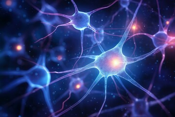 Poster - Luminous Glowing neuron cell links. Medical nerve. Generate Ai