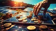Energy and money savings concept image with hand with coins in front of solar panels

