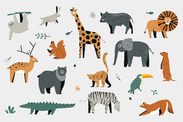 Wall Mural - Cute trendy animals. Colorful hand drawn baby zoo wildlife, decorative cartoon giraffe lion elephant zebra hippo crocodile for kids design. Vector isolated set