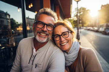 Wall Mural - Young couple at outdoors with glasses