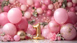 A pink balloons around ballon number one. One year. High quality