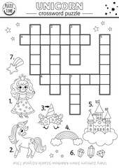 Wall Mural - Vector black and white unicorn crossword puzzle for kids. Fantasy country quiz with fairy, rainbow, crystals, falling star for children. Cute fairytale cross word activity or coloring page.