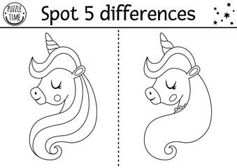 Sticker - Black and white find differences game for children. Fairytale line educational activity with unicorn head. Cute puzzle for kids with funny fantasy character. Printable worksheet or coloring page.