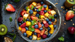 A photo featuring a colorful fruit salad served in a decorative bowl. Highlighting the vibrant hues of the assorted fruits and the freshness of the ingredients.