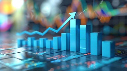 The 3d growth business graph on success financial represents profit and revenue growth, accompanied by a hovering arrow indicating positive market trends