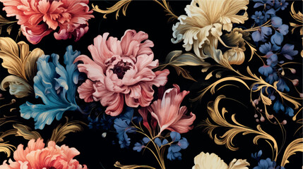 Luxurious floral 3d wallpaper with a pattern of flowers in rich colors on a black background vector. Dramatic floral abstraction, ornament, pattern, art illustration. Luxurious black floral print.