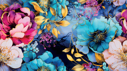 Luxurious floral 3d wallpaper patterned in rich bright colors with elements of gold. Dramatic floral abstract, ornament, pattern, art illustration. Opulent floral print for fabric, paper, stationery.