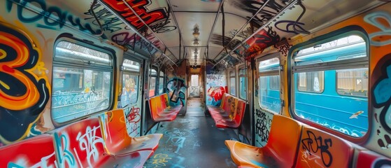 graffiti on the interior of a bus car train interior in graffiti abandoned. An abandoned and deteriorated train with graffiti. Generative ai