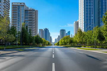 Wide empty city street flanked by green trees and modern skyscrapers